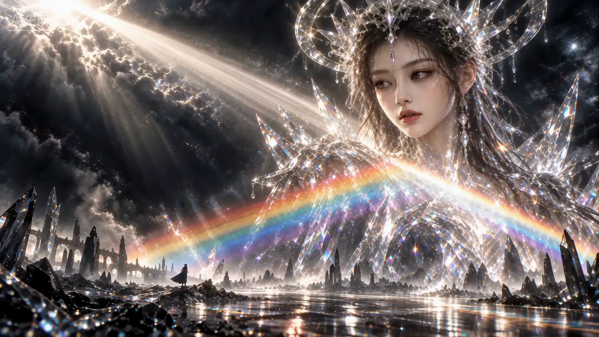 舒舒的晶光之境：天光穿过云层，虹桥连接晶体世界