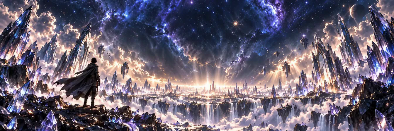披风旅人站在星城前，星云与晶体天际缓缓展开