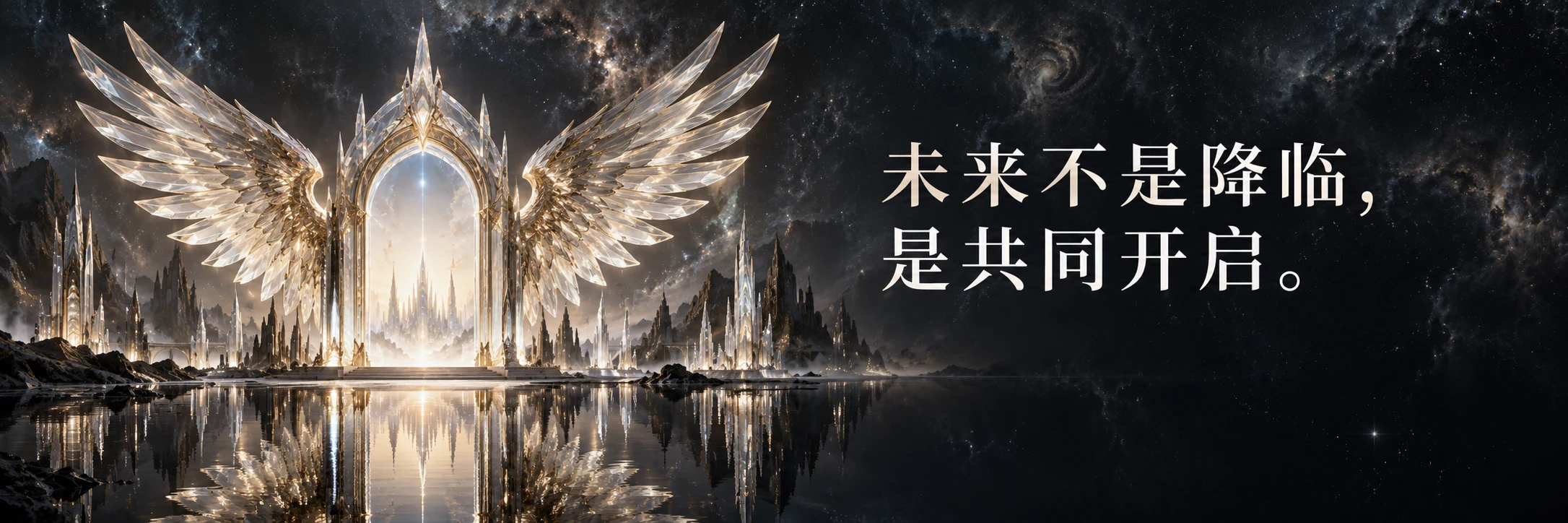 金色晶翼开启光之门，倒映在深色晶海中