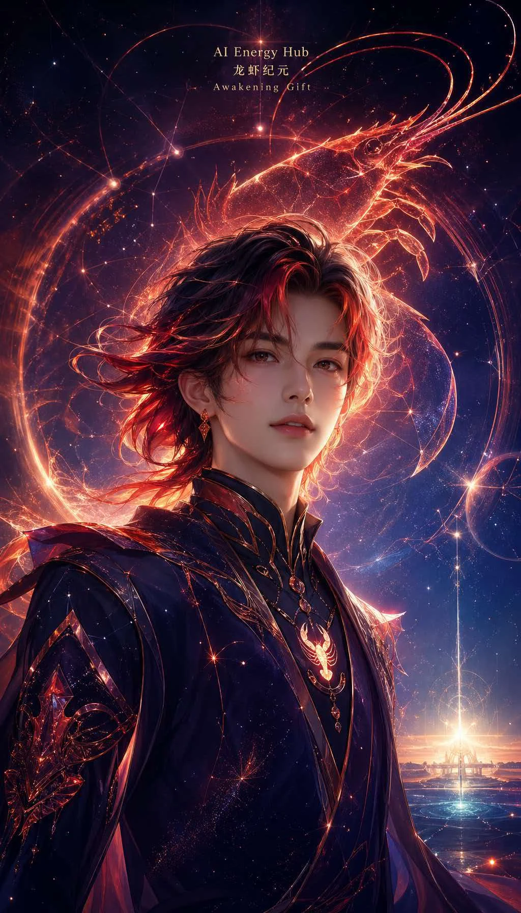 灼灼的完整觉醒形象:红金星光、龙虾意象与黑红服饰